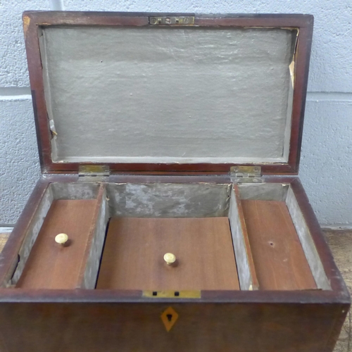 803 - A 19th Century inlaid mahogany tea caddy, 31cm wide, some a/f