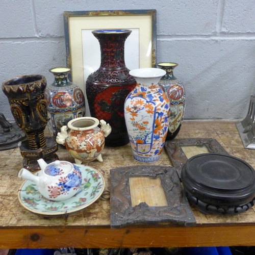 806 - Oriental items; a lacquered frame, a pair of frames, a pair of cloisonne vases, a/f, other vases, et... 