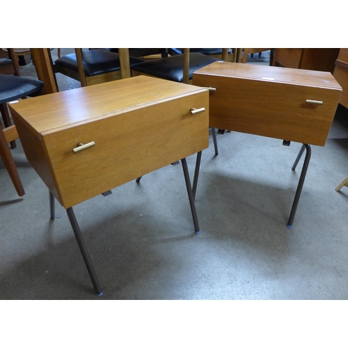 16 - A pair of teak and black metal metal single drawer bedside chests