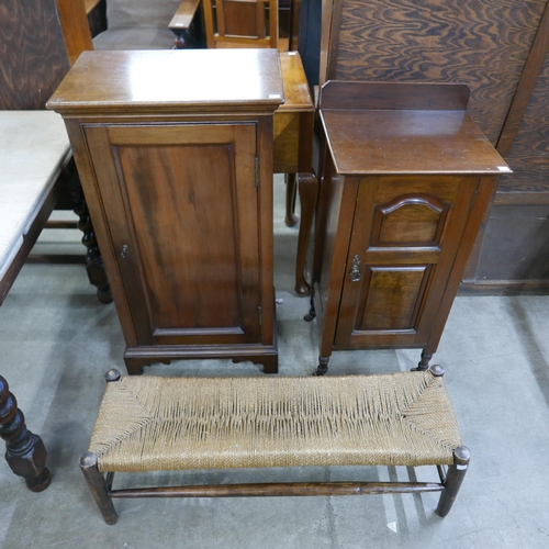 202 - An Edward VII walnut single door cupboard, mahogany single door cupboard and a beech and cord stool