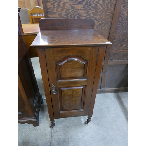 202 - An Edward VII walnut single door cupboard, mahogany single door cupboard and a beech and cord stool