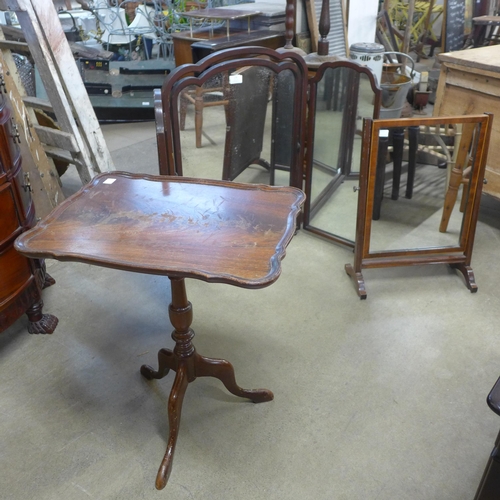 258 - Two early 20th Century mahogany dressing table mirror's and a small mahogany tripod wine table