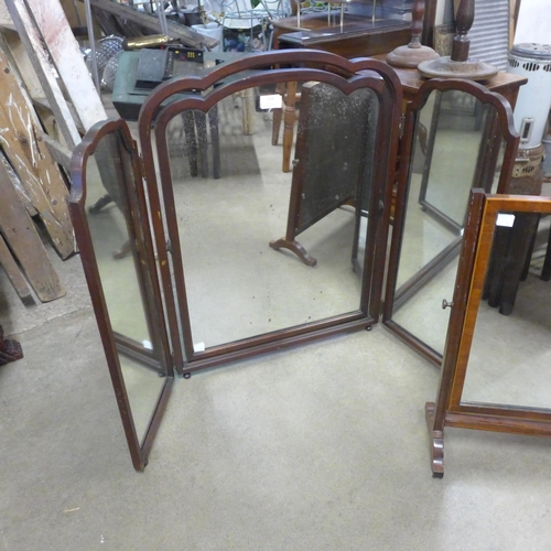 258 - Two early 20th Century mahogany dressing table mirror's and a small mahogany tripod wine table