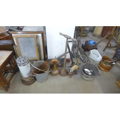 260 - A galvanised bucket, heater, assorted pumps, copper jug, ponch, etc.