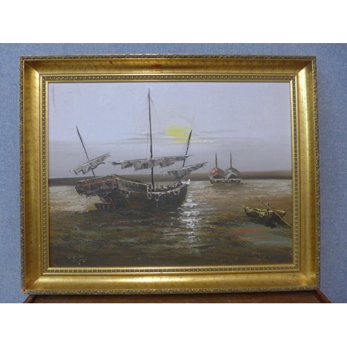 300 - English School, coastal landscape, oil on board, framed