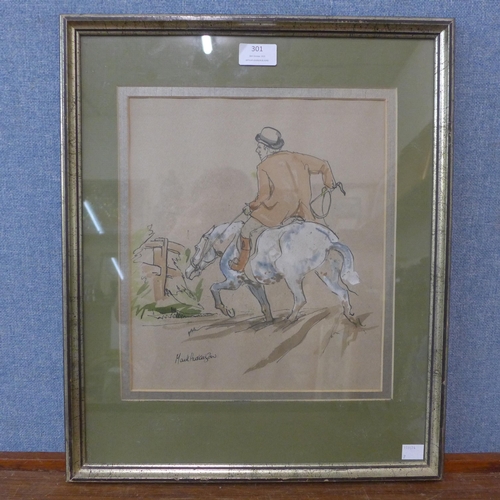 301 - Mark Huskinson, ( English School), study of a horse and rider, watercolour, framed