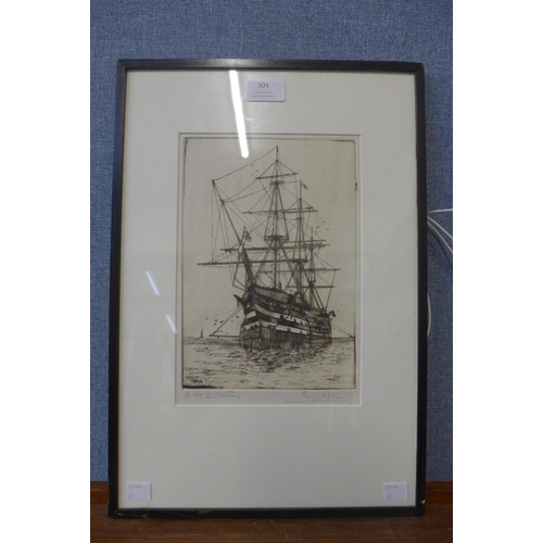 304 - Ray Allen, H.M.S. Victory, etching, signed in pencil, framed