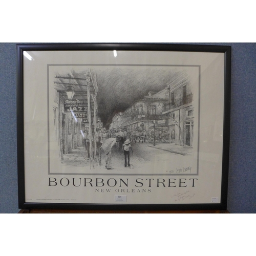 305 - A Don Davey signed jazz print,  Bourbon Street, New Orleans, dated 1980, framed