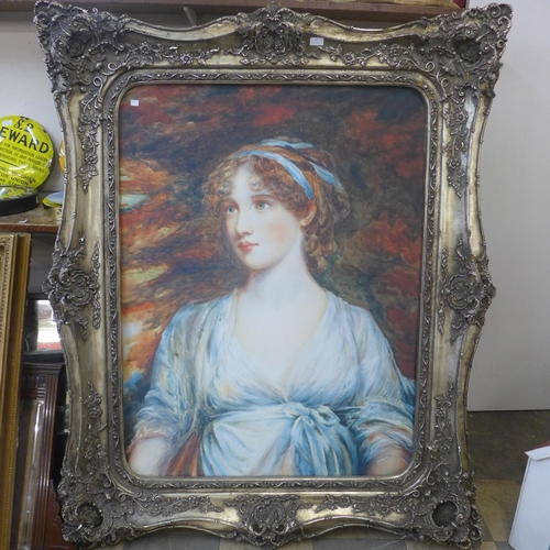 321 - A large Pre-Raphaelite style print of a lady, 165 x 136cms, framed