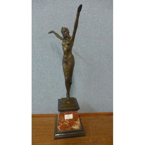 347 - An Art Deco style bronze figure of a female dancer, on rouge marble socle