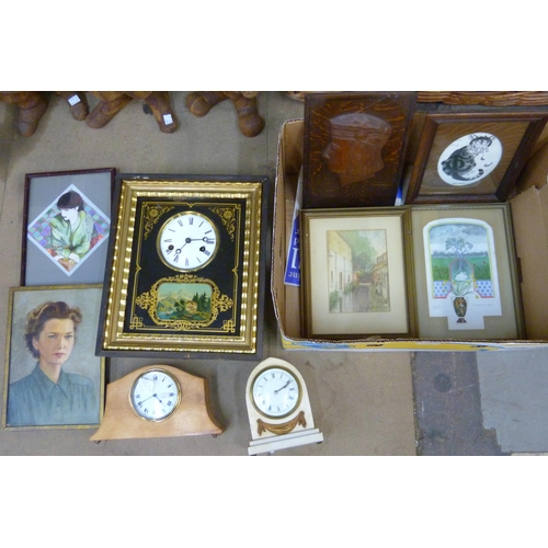 361 - Assorted prints, paintings, black and gilt wall clock and two mantel clocks