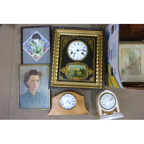 361 - Assorted prints, paintings, black and gilt wall clock and two mantel clocks