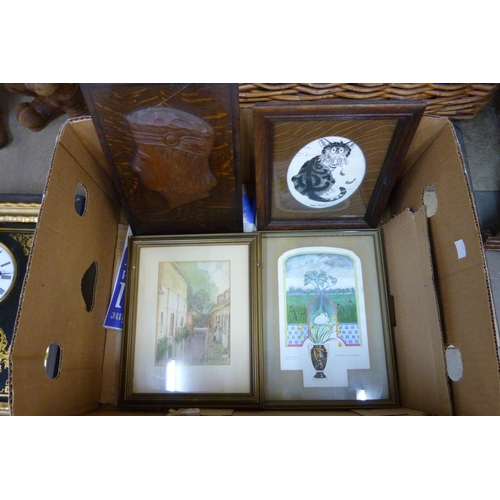 361 - Assorted prints, paintings, black and gilt wall clock and two mantel clocks