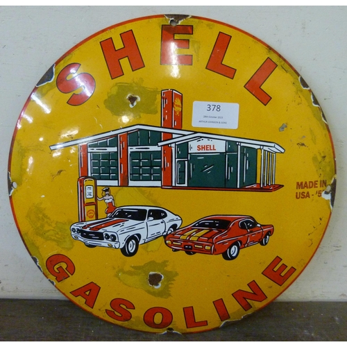 378 - A circular enamelled metal Shell Gasoline advertising sign