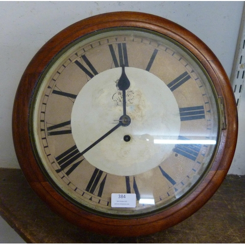 384 - A Victorian circular mahogany Postman's fusee wall clock