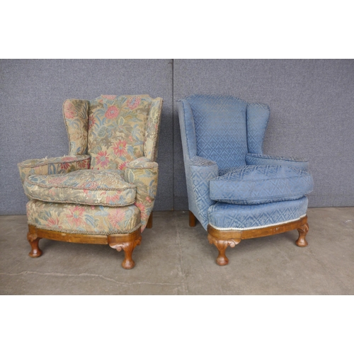 98 - A pair of early 20th Century Queen Anne style walnut and fabric upholstered wingback armchairs