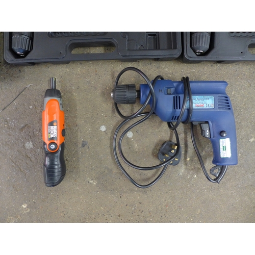 2165 - Five power tools:- Hilka 420w drill, Black and Decker electric screwdriver, Maplin 18v cordless dril... 