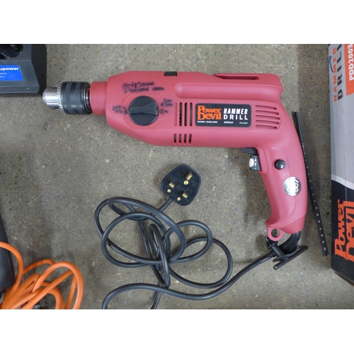 2167 - Six power tools:- Black and Decker hammer drill, Sheet sander, Power Devil drill, two NuPower drills... 