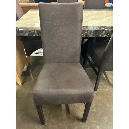 1463 - A black and cream marble effect dining table with a set of six brown leather effect dining chairs