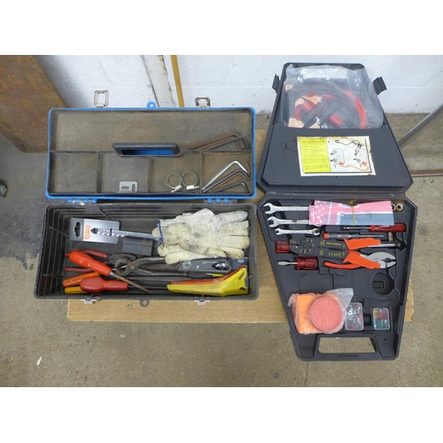 2004 - A plastic tool box with small amount of tools and an in-car SOS kit including spanner set and jump s... 