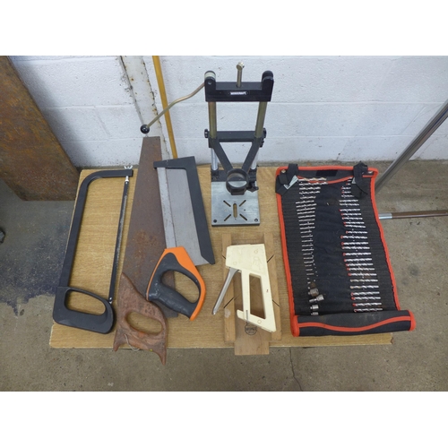 2007 - 2 Boxes of tools including planes, a tile cutter, drill bits, saws, etc.