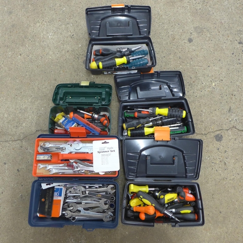 2013 - Five toolboxes and a box of assorted tools including spanners, screwdrivers, screwdriver bits etc