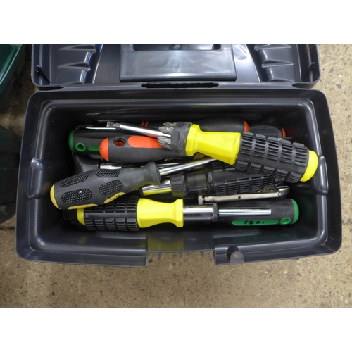 2013 - Five toolboxes and a box of assorted tools including spanners, screwdrivers, screwdriver bits etc