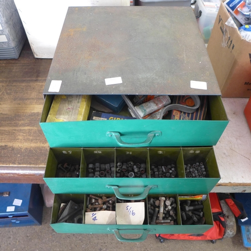 2018 - A metal three drawer unit with quantity of assorted nuts and bolts, etc.