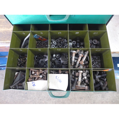 2018 - A metal three drawer unit with quantity of assorted nuts and bolts, etc.