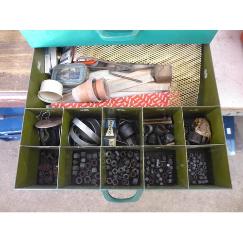 2018 - A metal three drawer unit with quantity of assorted nuts and bolts, etc.