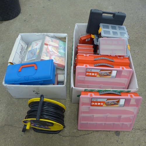 2020 - Two boxes of assorted organizer trays and toolboxes and a heavy duty 25m 2 socket extension reel