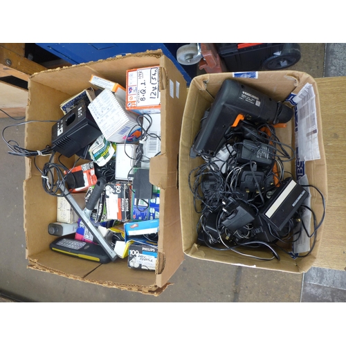 2023 - Two boxes of assorted chargers and power cables and Black and Decker bd045r power drill