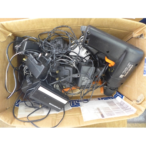 2023 - Two boxes of assorted chargers and power cables and Black and Decker bd045r power drill