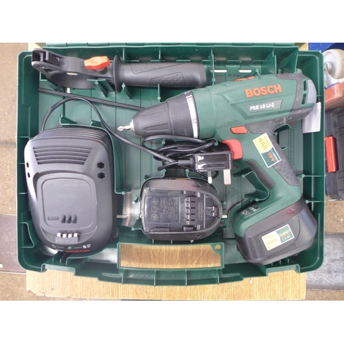 2024 - A Bosch 18v lithium-ion hammer drill (model no.:- PSB 18 LI2) with two batteries and charger - in ca... 