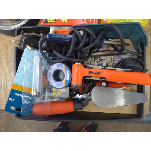 2027 - A box of assorted tools including soldering irons, magnetic trays, halogen bulbs , a b and q househo... 