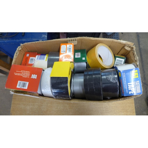 2028 - A box of assorted sticky tapes including gaffer tape, elephant tape, electrical tape and plasterboar... 