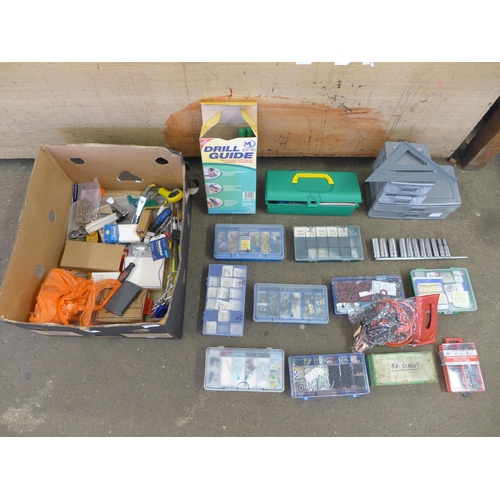 2041 - A box of assorted hand tools, including jump leads screws, saw blades, drill guide etc