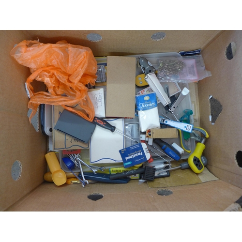 2041 - A box of assorted hand tools, including jump leads screws, saw blades, drill guide etc