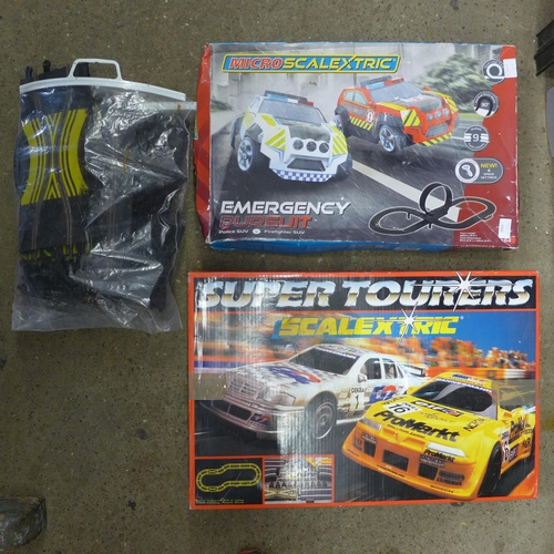 2066 - 2 Scalextric sets; Super Tourers, Emergency Pursuit Micro and a bag of assorted track