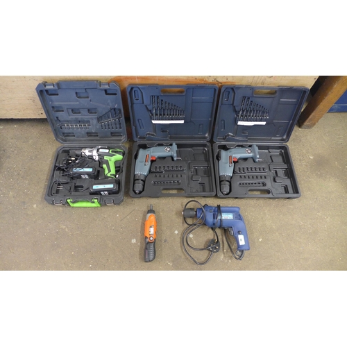 2165 - Five power tools:- Hilka 420w drill, Black and Decker electric screwdriver, Maplin 18v cordless dril... 