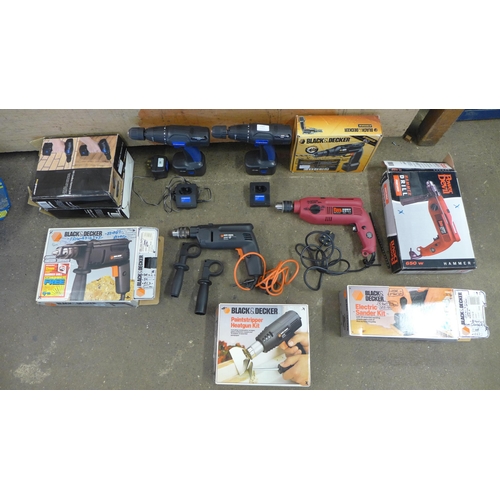 2167 - Six power tools:- Black and Decker hammer drill, Sheet sander, Power Devil drill, two NuPower drills... 