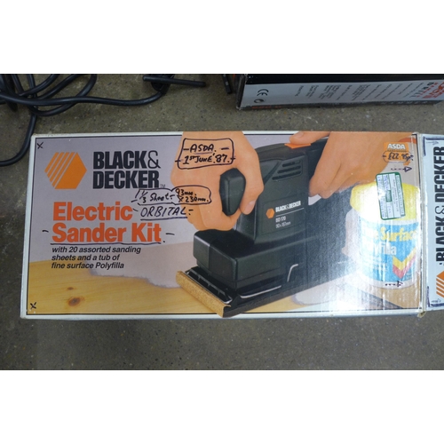 2167 - Six power tools:- Black and Decker hammer drill, Sheet sander, Power Devil drill, two NuPower drills... 