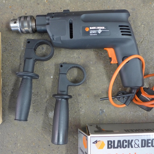 2167 - Six power tools:- Black and Decker hammer drill, Sheet sander, Power Devil drill, two NuPower drills... 