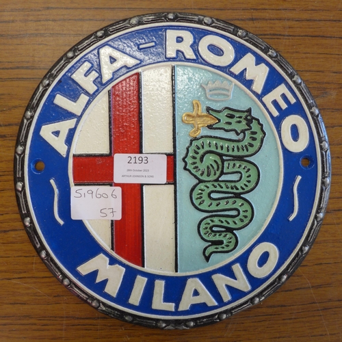 2193 - An Alfa Romeo wall plaque * this lot is subject to VAT