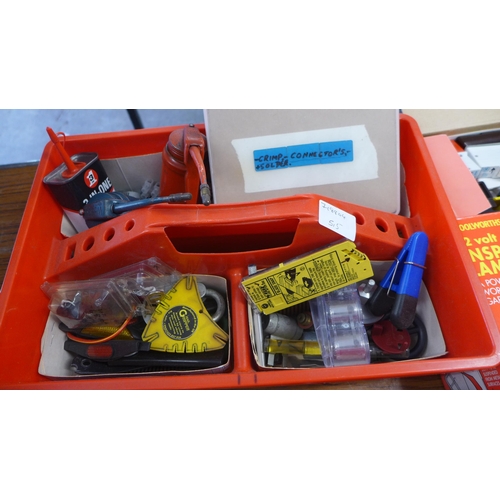 2330 - A box of assorted lights and torches with box of miscellaneous including oil cans, clips, cake joint... 