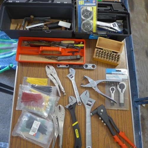 2332 - A box of assorted hand tools, including mainly adjustable rivet gun, letter punch drill bits etc.