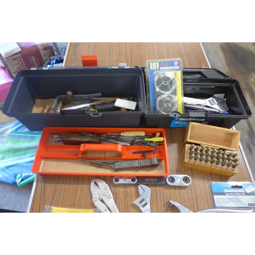 2332 - A box of assorted hand tools, including mainly adjustable rivet gun, letter punch drill bits etc.