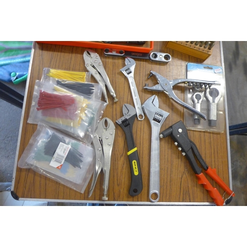 2332 - A box of assorted hand tools, including mainly adjustable rivet gun, letter punch drill bits etc.