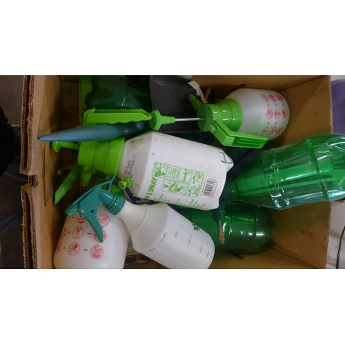 2342 - 2 Boxes of garden tools, spay bottle, kneeling pads hosepipe and reel etc and 4 watering cans