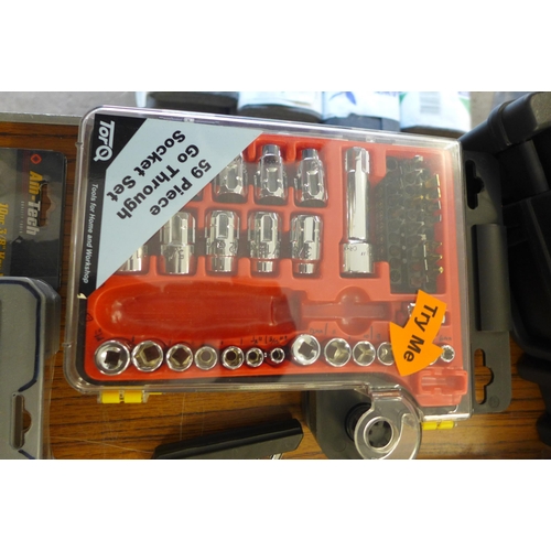 2363 - A box of assorted socket sets, sockets and empty tool boxes and organizer cases